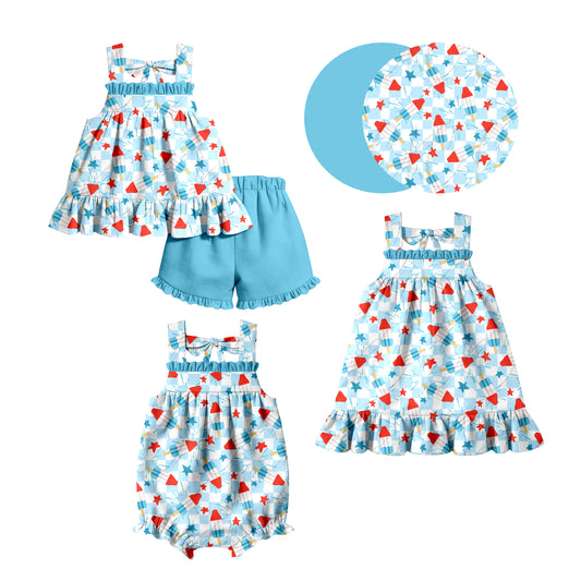 Custom moq 5 mix size Sibling Baby Girl's Blue 4th of July Sleeveless Top And Shorts Set Cute Romper Dress for Summer