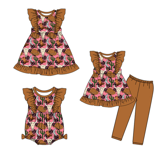 5.6 custom each style moq 5eta 4-6week Sibling Sisters catcus hat cow head boots baby girl short sleeve pants sets and dress and rompers match family design