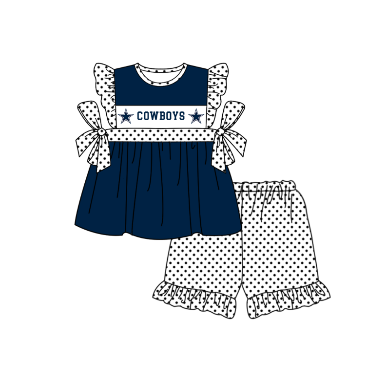 Custom moq 5 mix size milk silk summer teams baby girl boys clothes Navy blue short sleeve shorts sets 2  and dress and rompers 2 series
