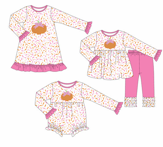 25.7.25 custom each style moq 5eta 4-6week Sibling Sisters pumpkin bow baby girl long sleeve pants sets and dress and rompers match family design
