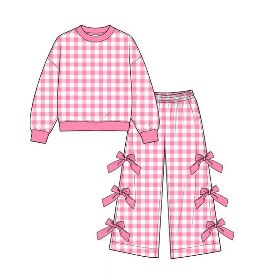 custom moq 5 mix size Toddler Girls Pink Gingham Long Sleeve Top And Bow Wide Leg Pants Outfit Set