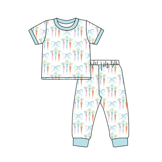 7.24 custom each style moq 5eta 4-6week Sibling Sister carrot bow light blue baby boys short sleeve sets and rompers match family design