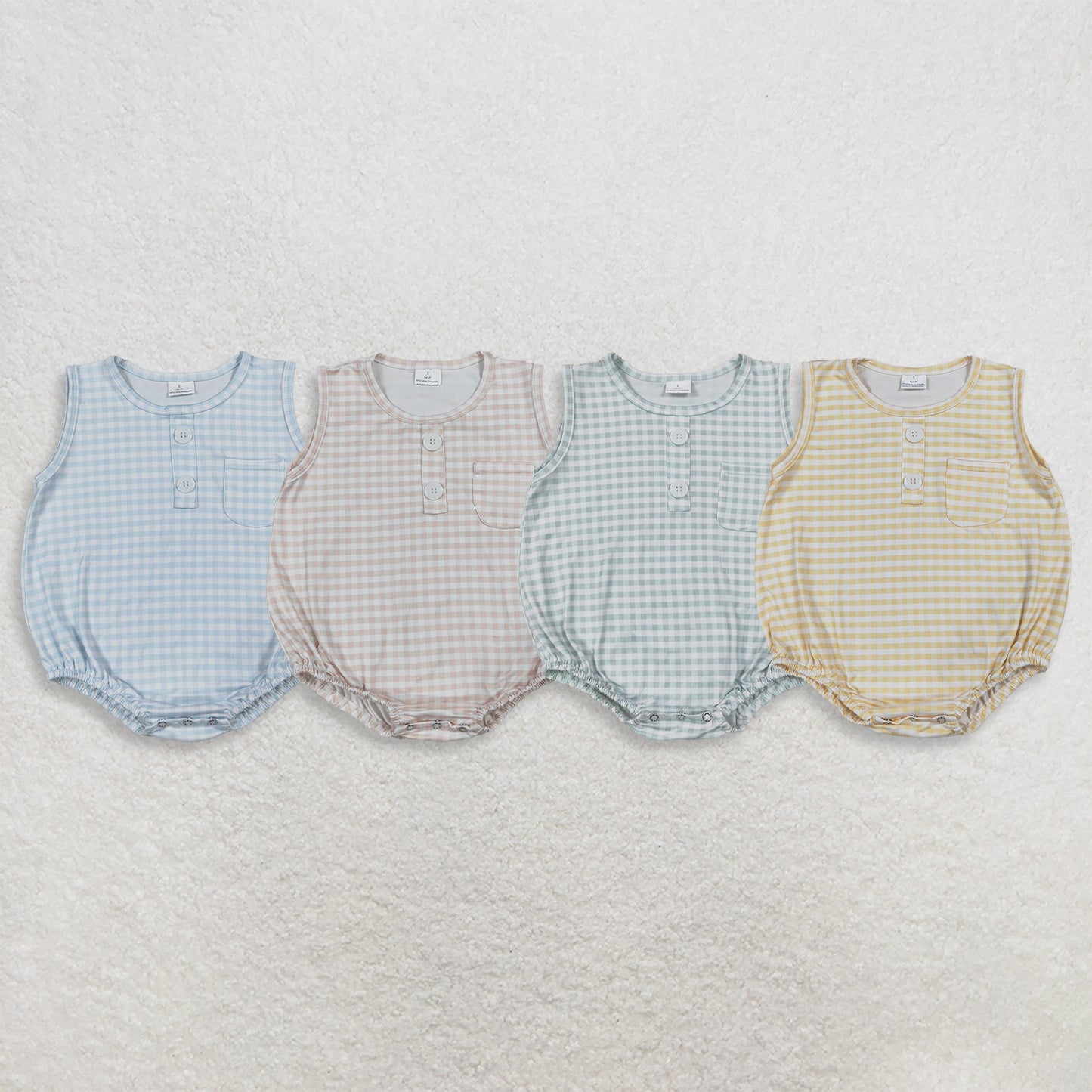 RTS NO MOQ Sibling milk silk Baby Boys Sleeveless Checked Button Pocket Romper