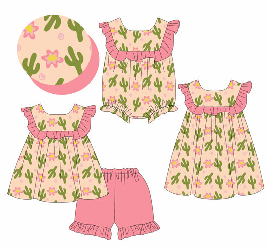 4.18 custom each style moq 5eta 4-6week Sibling Sisters catcus floral baby girl short sleeve shorts sets and dress and rompers match family design