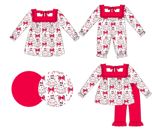 25.6.13 custom each style moq 5eta 4-6week Sibling Sisters ghost bow baby girl long sleeve pants sets and dress and rompers match family design