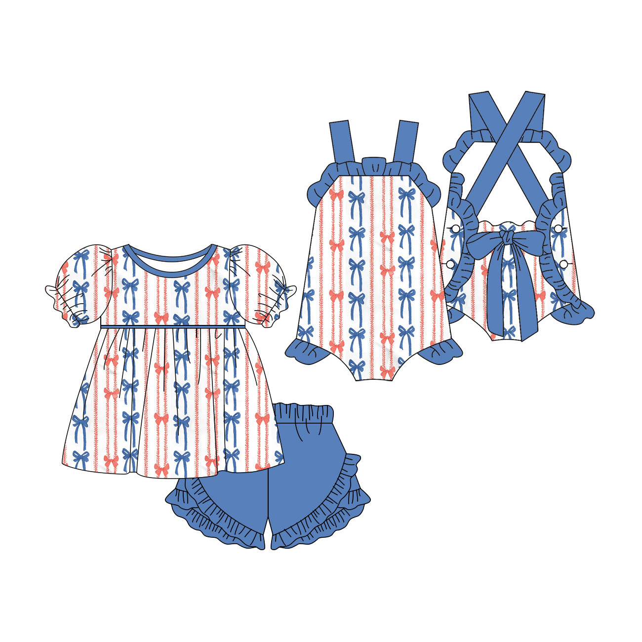 3.23 Custom moq 5 mix size Sibling Baby Girl's Bows Short Sleeves Top And Ruffle Short Set Cute Romper for Summer