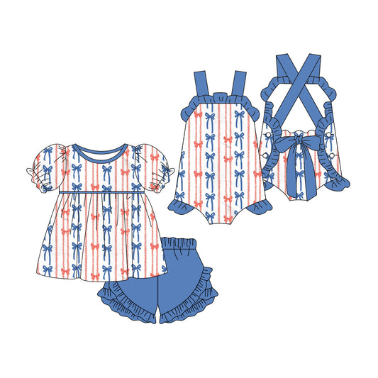 3.23 Custom moq 5 mix size Sibling Baby Girl's Bows Short Sleeves Top And Ruffle Short Set Cute Romper for Summer