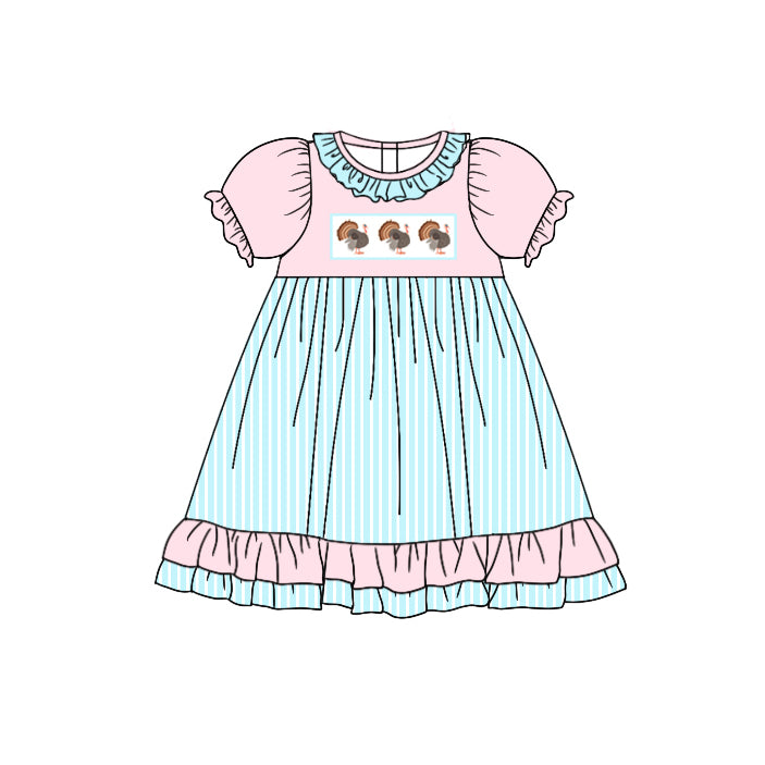 5.16custom each style moq 5eta 4-5week Sibling Sister Thanksgiving turkey print blue stripes and pink girls and boys outfits and baby romper and dress match family design