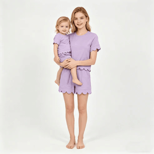 RTS NO MOQ Sibling  Mom And Me Lavender  Short Sleeve Top With Pockets Scallop Shorts Sets
