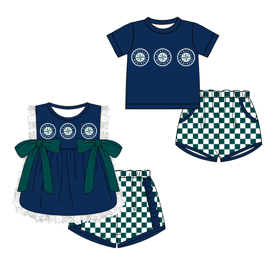 Custom moq 5 mix size milk silk summer teams Navy Blue Girl Sleeveless Top And Plaid Shorts Set with Bow Boy Short Sleeved Top And Plaid Shorts Set