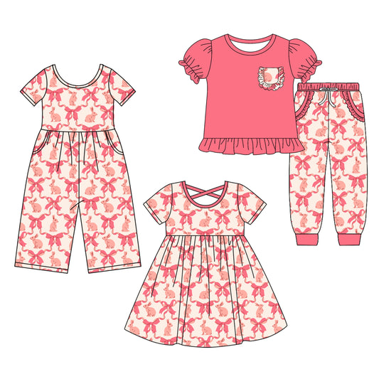 25.9.26 custom each style moq 8 eta 6-8week Sibling Sisters bunny bow baby girl short sleeve shorts sets and dress and jumpsuit match family design
