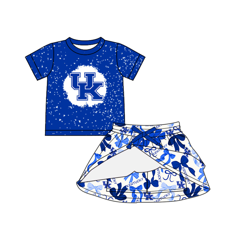 Custom moq 5 mix sizes summer teams baby girls clothes team blue short sleeve skirts shorts sets dress 1 and dress 2 and dress 3 and dress 4-25.5.14