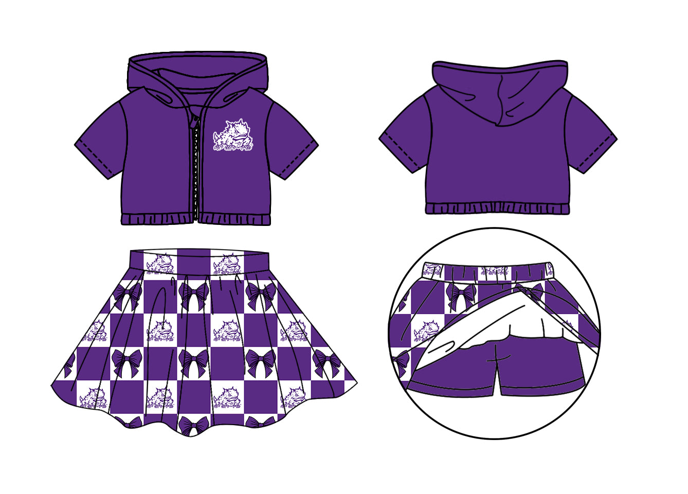 Custom moq 3 or 5 mix size milk silk summer teams baby girl clothes bow purple zipper hooded short sleeve shorts skirts sets-26.1.26