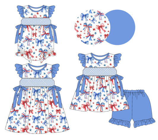 3.7 custom each style moq 5eta 4-6week Sibling Sisters bow baby girl short sleeve shorts sets and dress and rompers match family design