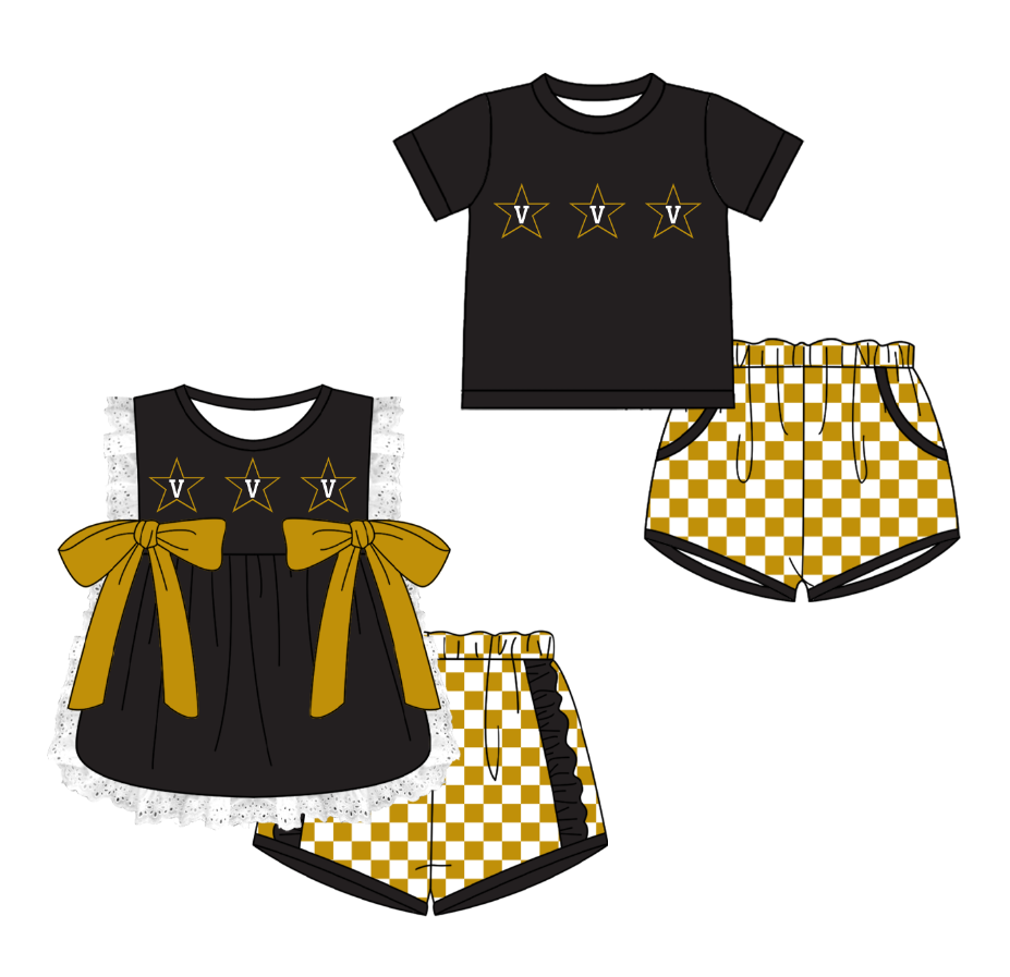 Custom moq 5 mix size milk silk summer teams black Girl Sleeveless Top And Plaid Shorts Set with Bow Boy Short Sleeved Top And Plaid Shorts Set
