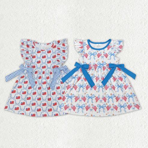 RTS NO MOQ Sibling Baby Girls 4th of July Ruffle Knee Length Dresses Flutter Sleeve Flags Bows Stars