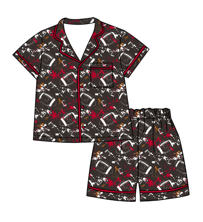 Custom moq 5 mix size milk silk summer teams Baby Girls Football Button Pocket Top Short Pajamas Sets Cute Infant Sleepwear