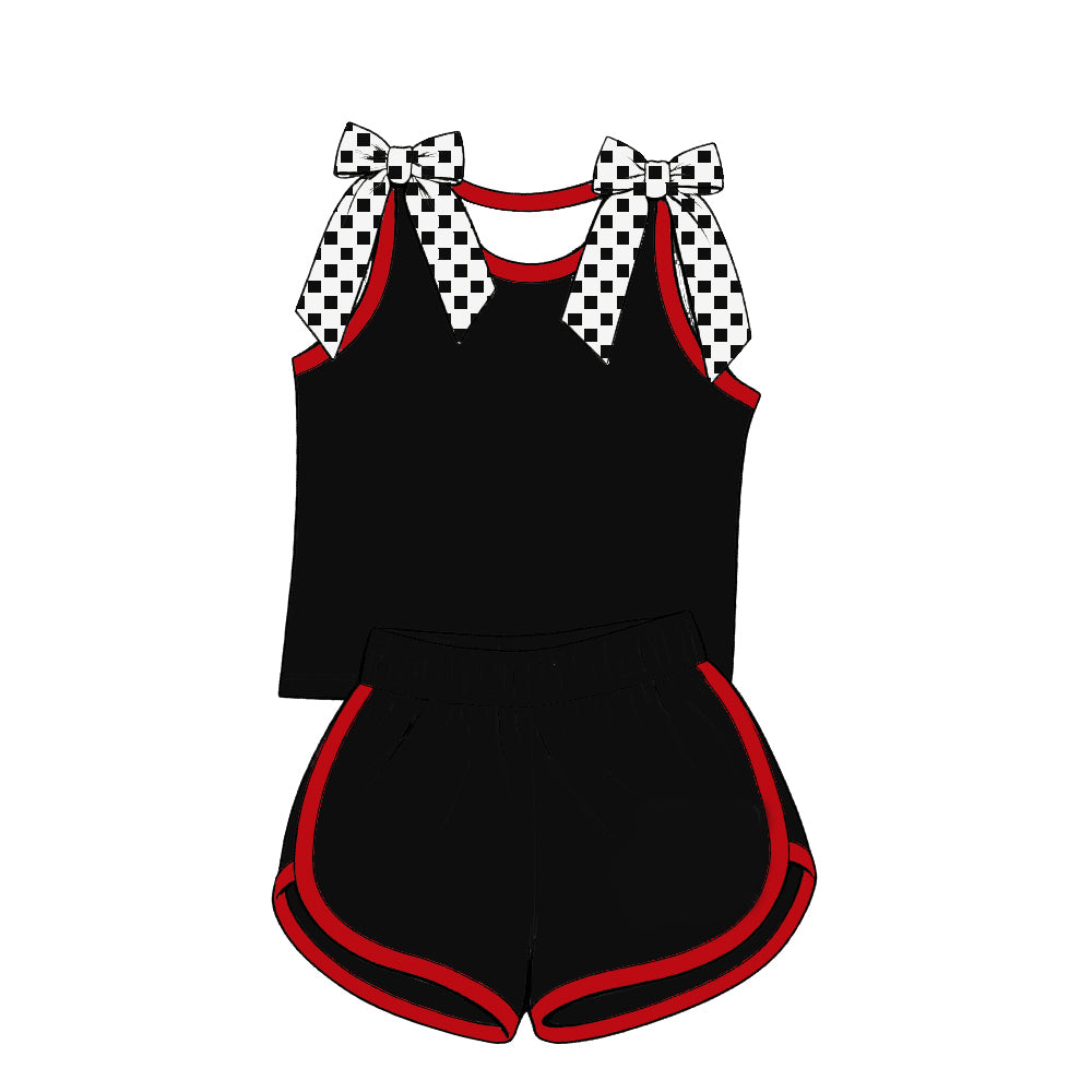 custom moq 5 mix size Baby Girls Red Black Bow Sleeveless Top Shorts Sets Vest Top Bows Skirt Shorts Sets Dress Yoga Active Scallop Sets