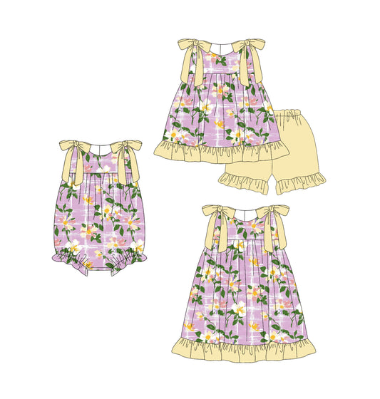 4.15 custom each style moq 5eta 4-6week Sibling Sisters floral baby girl short sleeve shorts sets and dress and rompers match family design