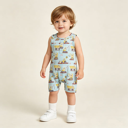 RTS NO MOQ SR3085 milk silk  Baby Boys Cute Excavators Sleeveless Button Rompers