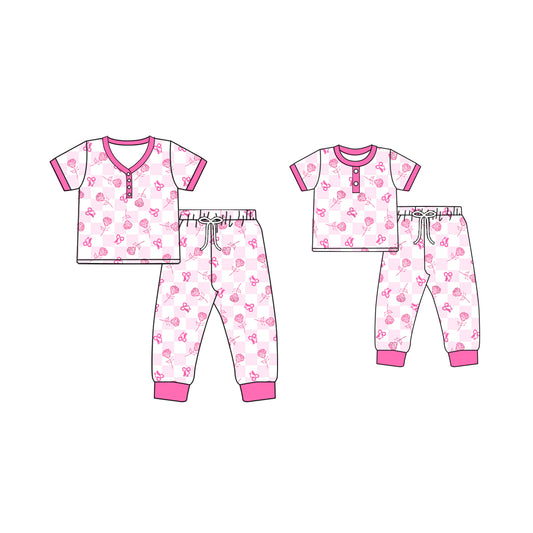 12.2 custom each style moq 5eta 4-6week Sibling Sister love bow baby girls short sleeve pants sets and adult sets match design