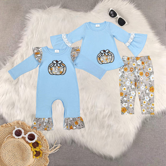 RTS NO MOQ Sibling baby girls clothes embroidery haloween pumpkin long-sleeved trousers suit & romper