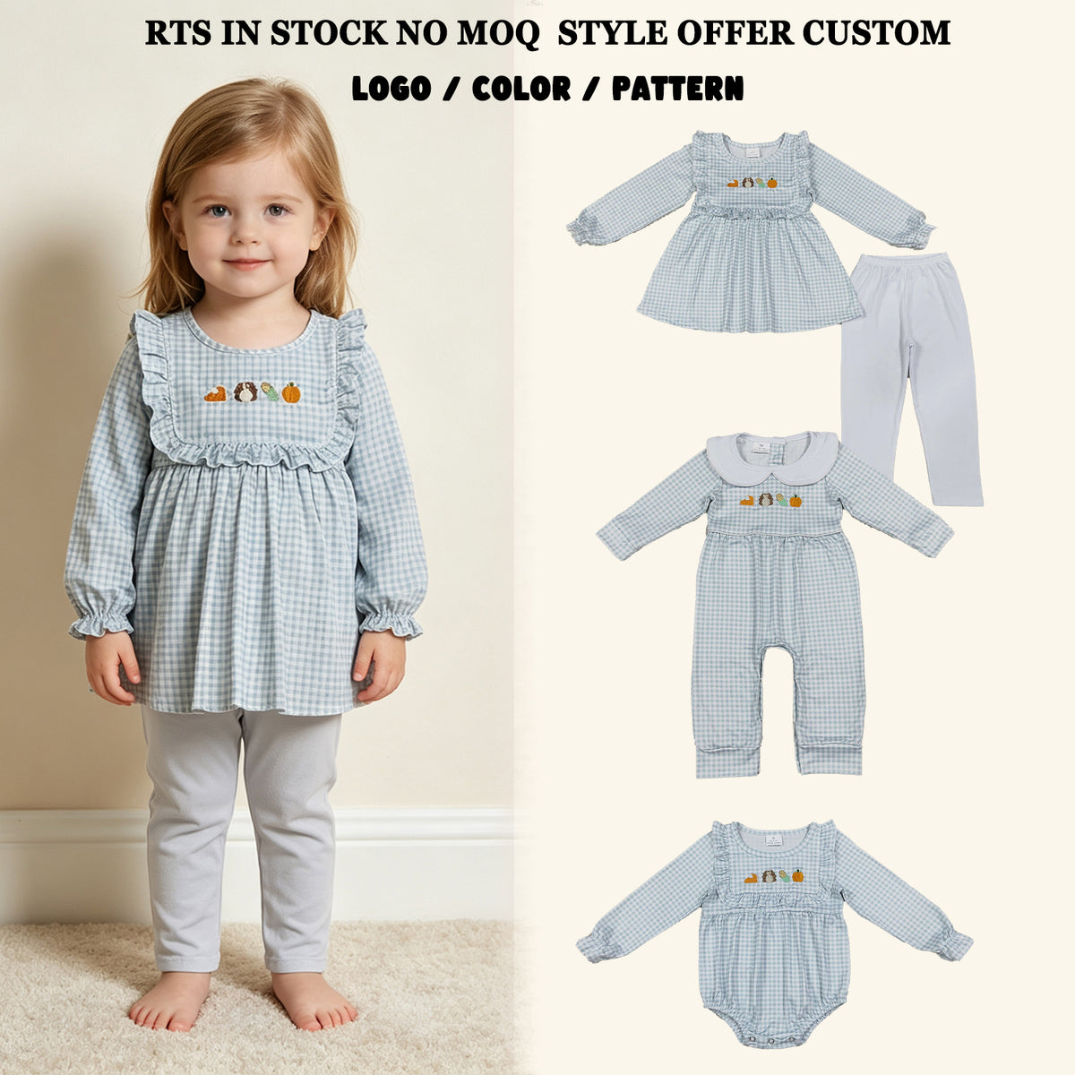 RTS NO MOQ Sibling milk silk Embroidery Turkey Pumpkins Baby Girls Tunic Leggings Thanksgivings Set Rompers