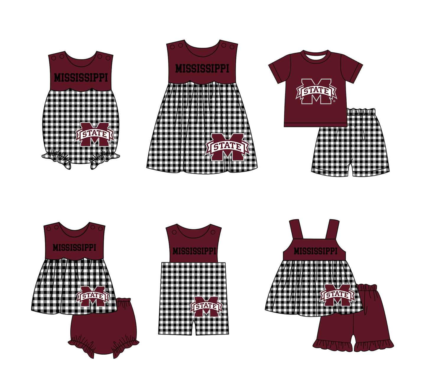 Custom moq 5 mix size milk silk summer teams baby girl boys clothes Dark Red Black and white checkered short sleeve shorts sets 3 and dress and rompers 2 series