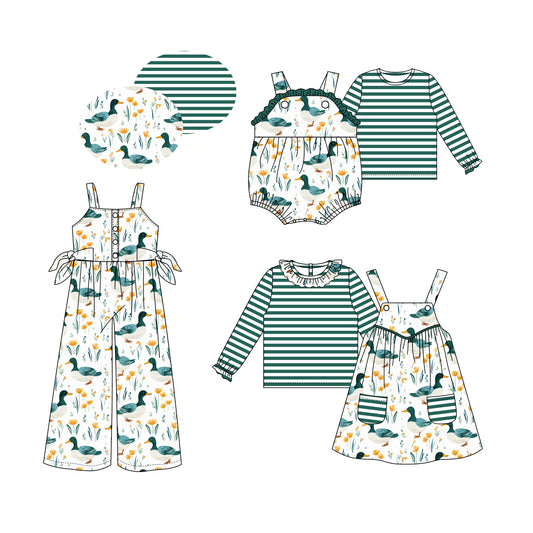 25.5.26 custom each style moq 5eta 4-6week Sibling Sisters ducks baby girls short sleeve dress and short sleeve rompers and top and jumpsuit match family design
