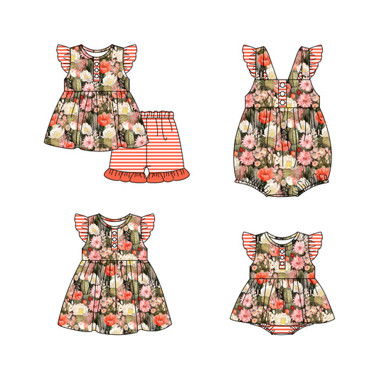 11.18 custom each style moq 5eta 4-6week Sibling Sister floral baby girl short sleeve shorts sets and girls romper and boy romper and dress match design