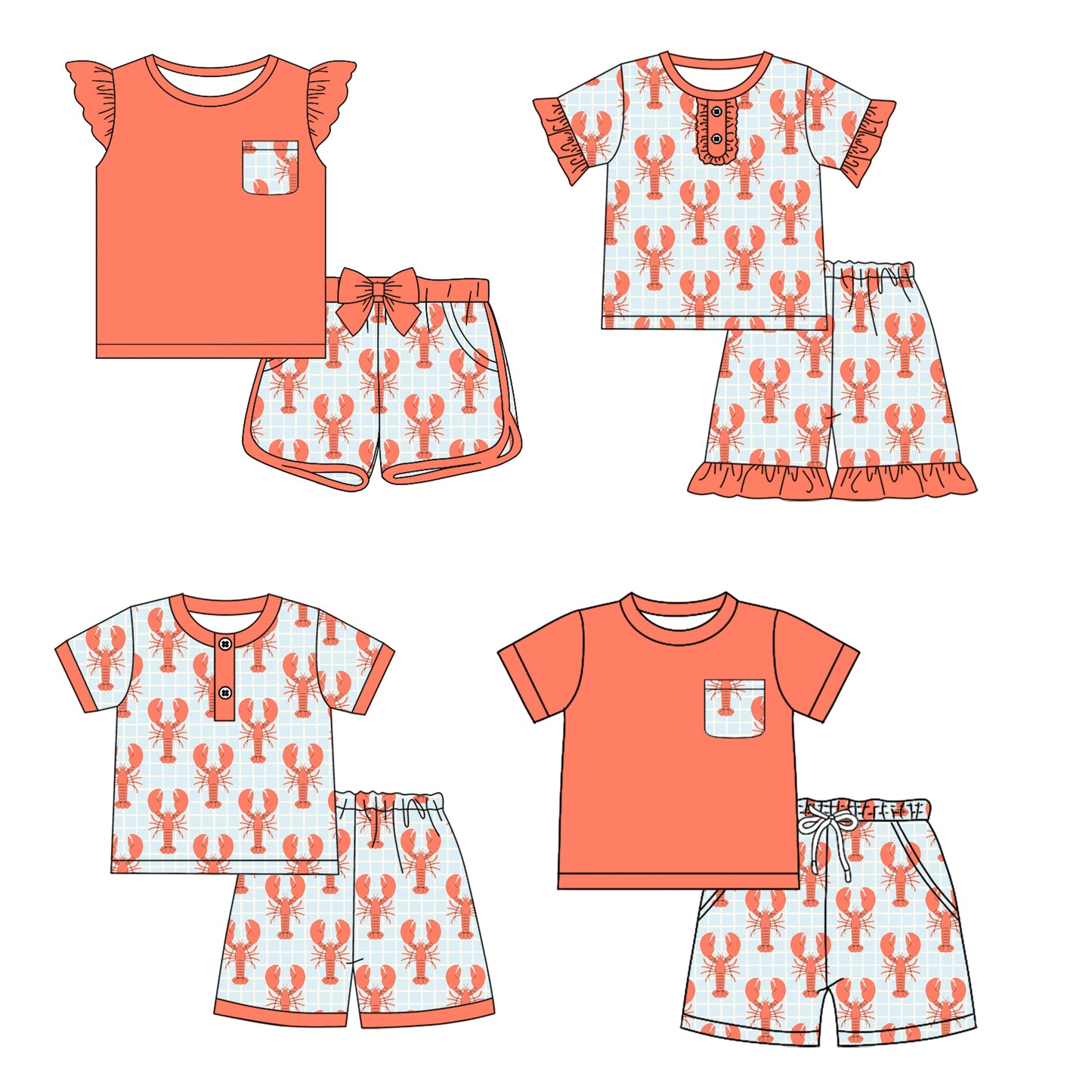 12.17 custom each style moq 5eta 4-6week Sibling Sister crayfish baby boy short sleeve shorts fish sets 1 and easter sets 2 and set 3 match design