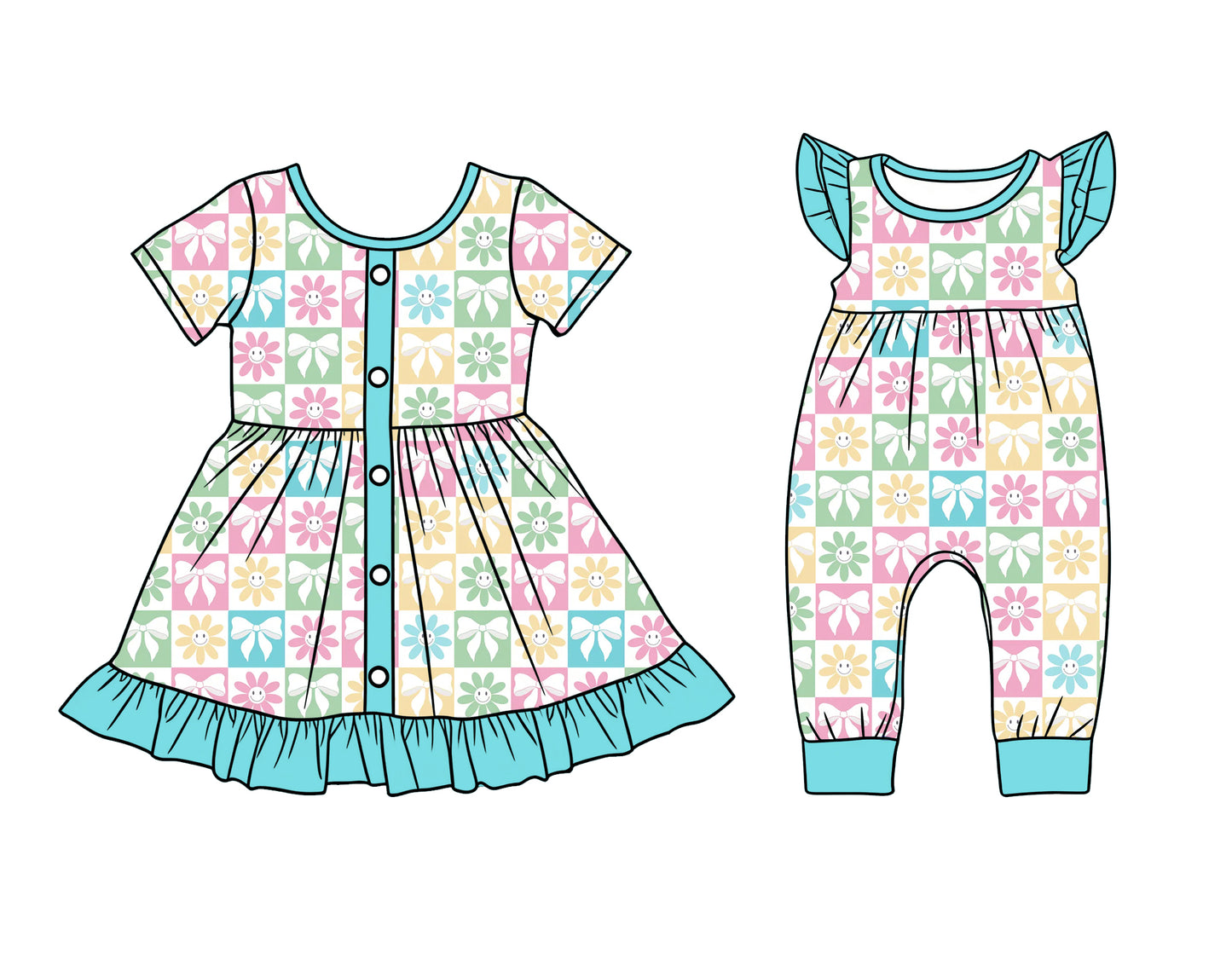 25.12.10 custom each style moq 5 eta 6-8week Sibling Sister floral bow baby short sleeve romper and dress match design