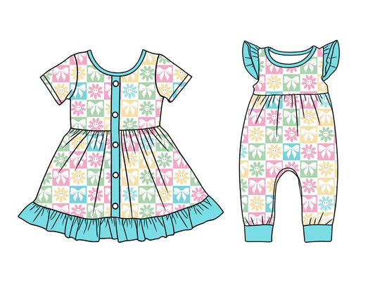 25.12.10 custom each style moq 5 eta 6-8week Sibling Sister floral bow baby short sleeve romper and dress match design