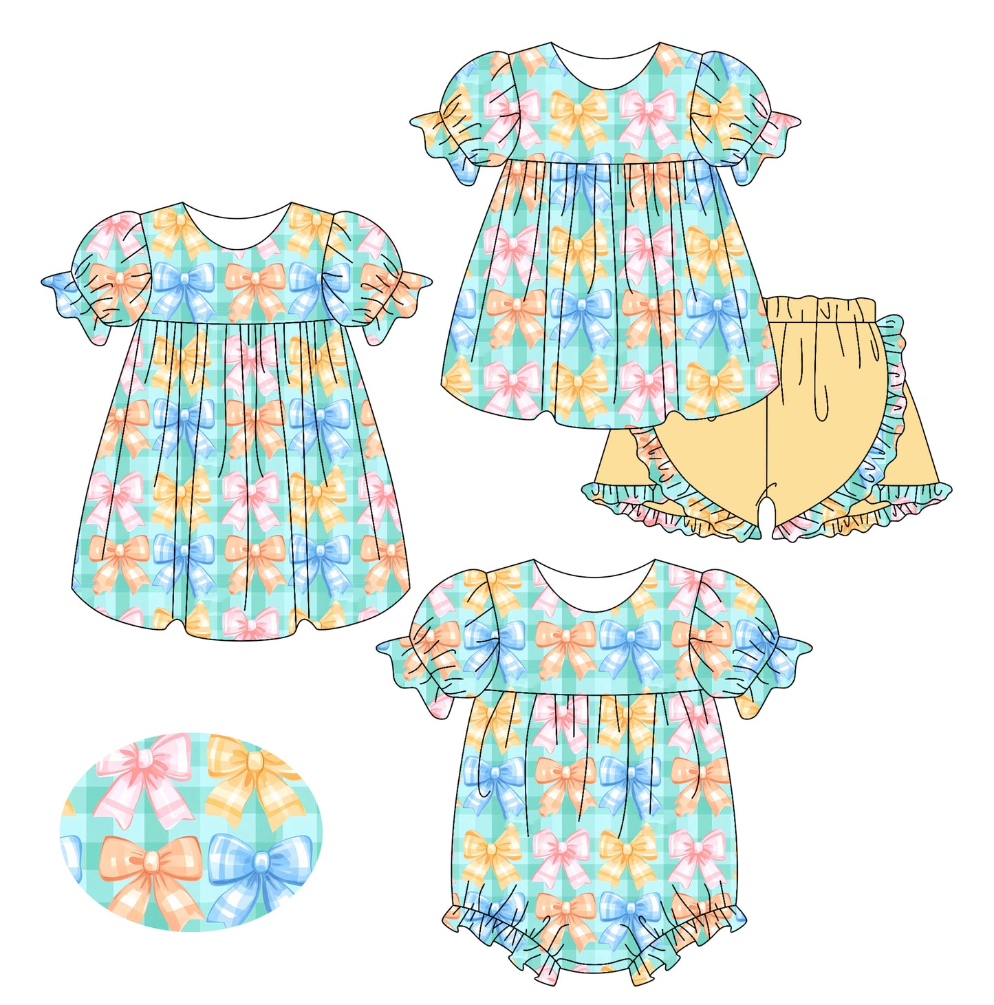 2.15 custom each style moq 5eta 4-6week Sibling Sisters bow baby girl short sleeve shorts sets and dress and rompers match family design