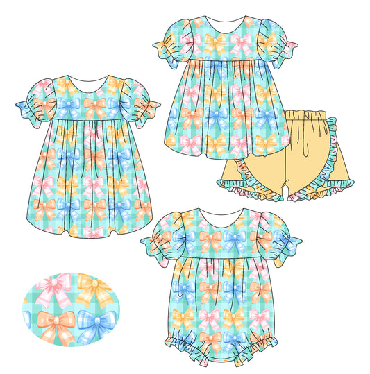 2.15 custom each style moq 5eta 4-6week Sibling Sisters bow baby girl short sleeve shorts sets and dress and rompers match family design