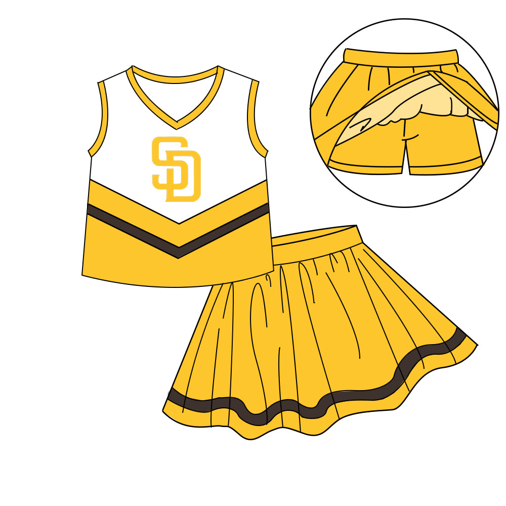 Custom moq 5 mix size milk silk eta 6-8weeks summer teams yellow baby girls clothes team sleeveless skirts shorts sets-25.7.8