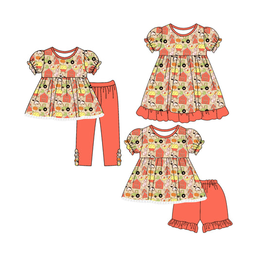 4.25 custom each style moq 5eta 4-6week Sibling Sisters animal farm baby girl short sleeve shorts sets and pants sets and dress match family design