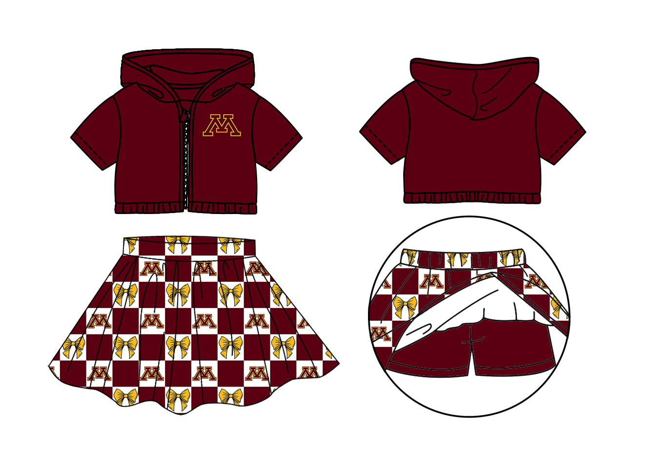 Custom moq 3 or 5 mix size milk silk summer teams baby girl clothes bow dark red zipper hooded short sleeve shorts skirts sets-26.1.22