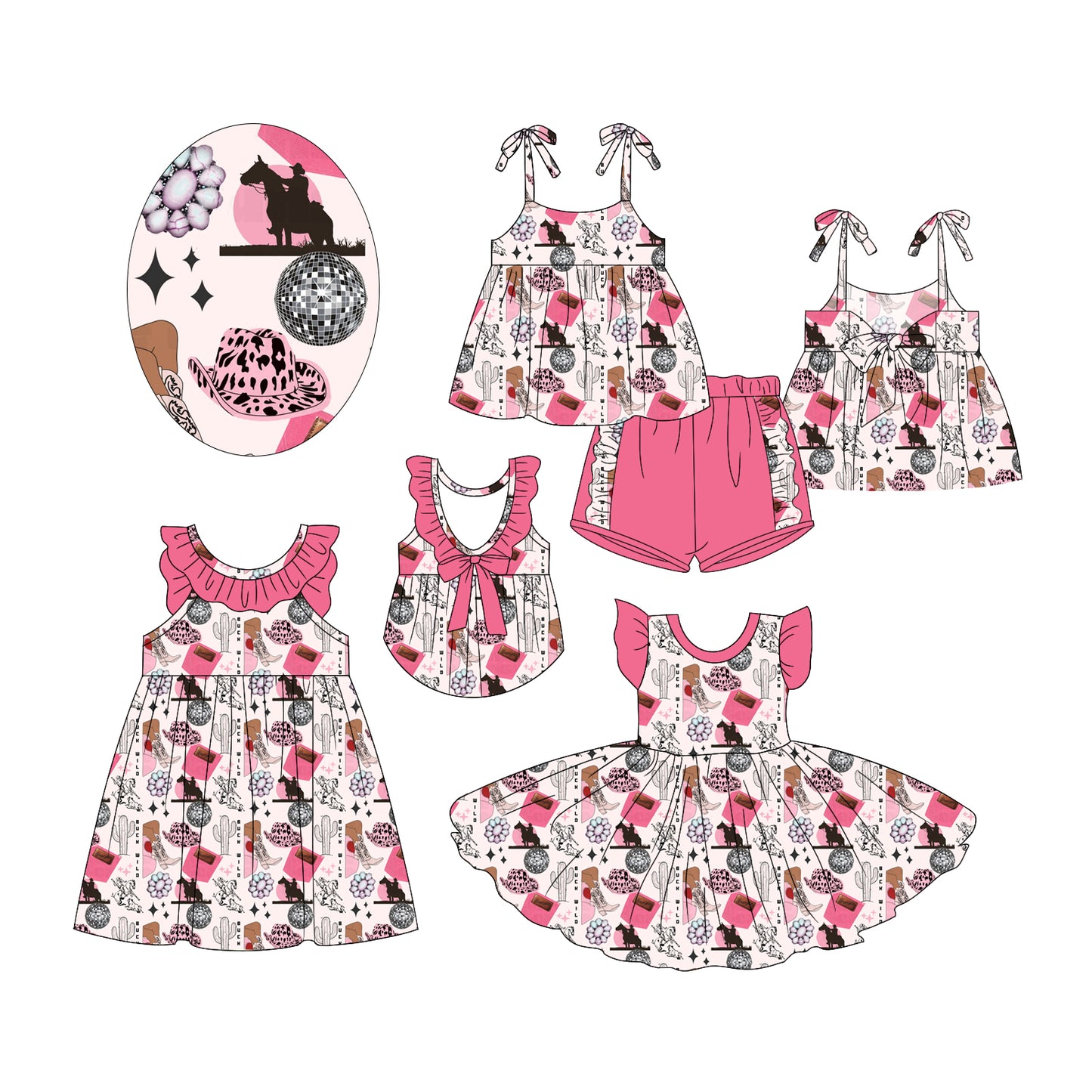 2.18 custom each style moq 5eta 4-6week Sibling Sister boots catcus baby girl short sleeve shorts sets and dress and dress 2 match design