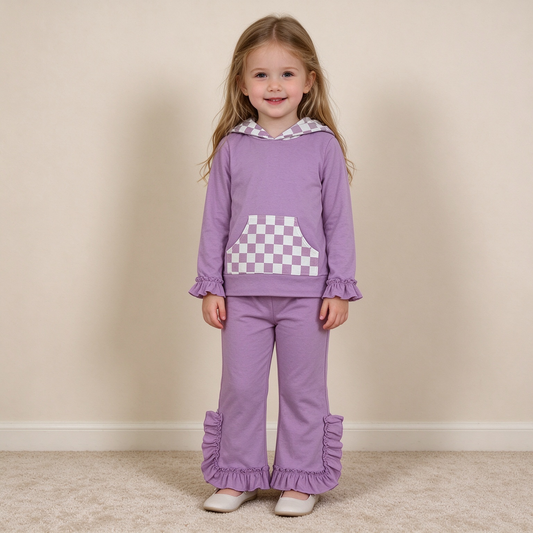 NEW RTS NO MOQ milk silk GLP3710（GT1852+P1162）Baby Girls Lavender Checked Pocket Hoodie Ruffle Pant Outfit