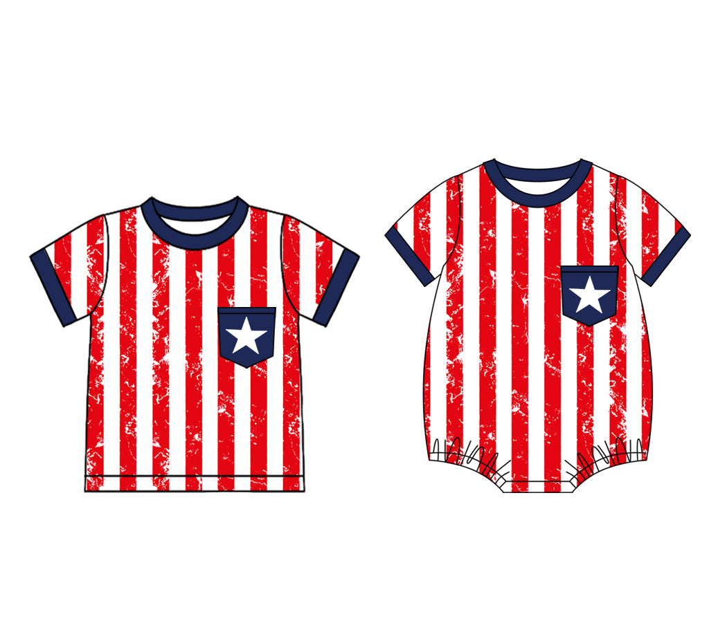 Custom moq 5 mix size Sibling Red Striped Short-Sleeved tops Romper Baby Boys July 4th Outfit  Baby Boys' Clothing