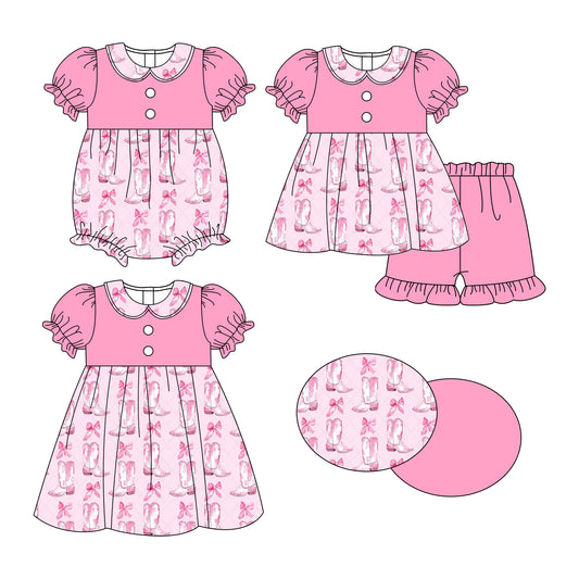25.10.28 custom each style moq 5 eta 6-8week Sibling Sister boot bow baby short sleeve shorts sets and romper and dress match design
