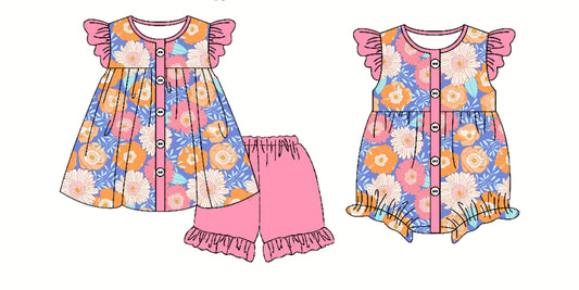 3.31 custom each style moq 5eta 4-6week Sibling Sister floral baby girl short sleeve shorts sets and romper match design