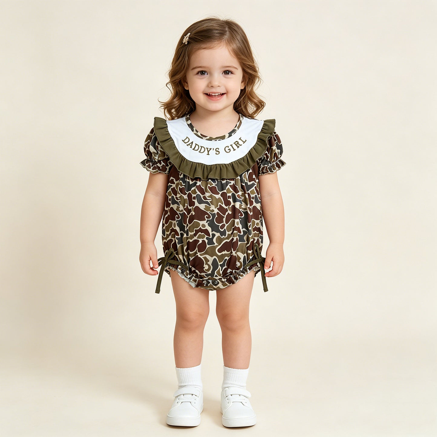 RTS NO MOQ SR3919 Baby Girls Dark Khaki Camo Daddys Girl Embroidery Ruffle Rompers