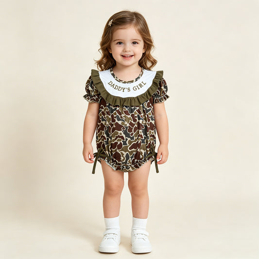 RTS NO MOQ SR3919 Baby Girls Dark Khaki Camo Daddys Girl Embroidery Ruffle Rompers