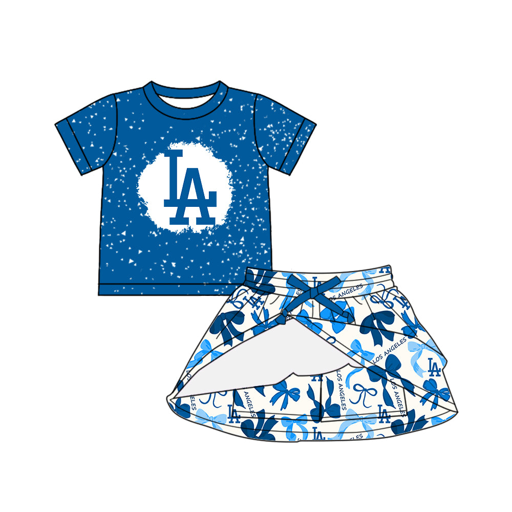 Custom moq 5 mix sizes summer teams baby girls clothes team blue short sleeve skirts shorts sets dress 1 and dress 2 and dress 3 and dress 4-25.5.16