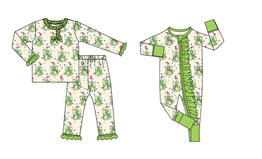 25.8.28 custom each style moq 5eta 4-6week Sibling Sisters Christmas bow green baby girl clothes long sleeve pants sets and romper match family design
