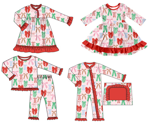 25.7.12 custom each style moq 5 eta 4-6week Sibling Sisters bow baby girl long sleeve pants sets and romper and dress 1 and dress 2 match family design