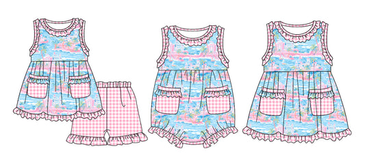 11.13 custom each style moq 5eta 4-6week Sibling Sister pattern baby girl short sleeve shorts sets and dress and rompers match family design