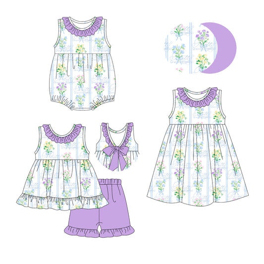 2.25 custom each style moq 5eta 4-6week Sibling Sisters floral baby girl short sleeve shorts sets and dress and rompers match family design
